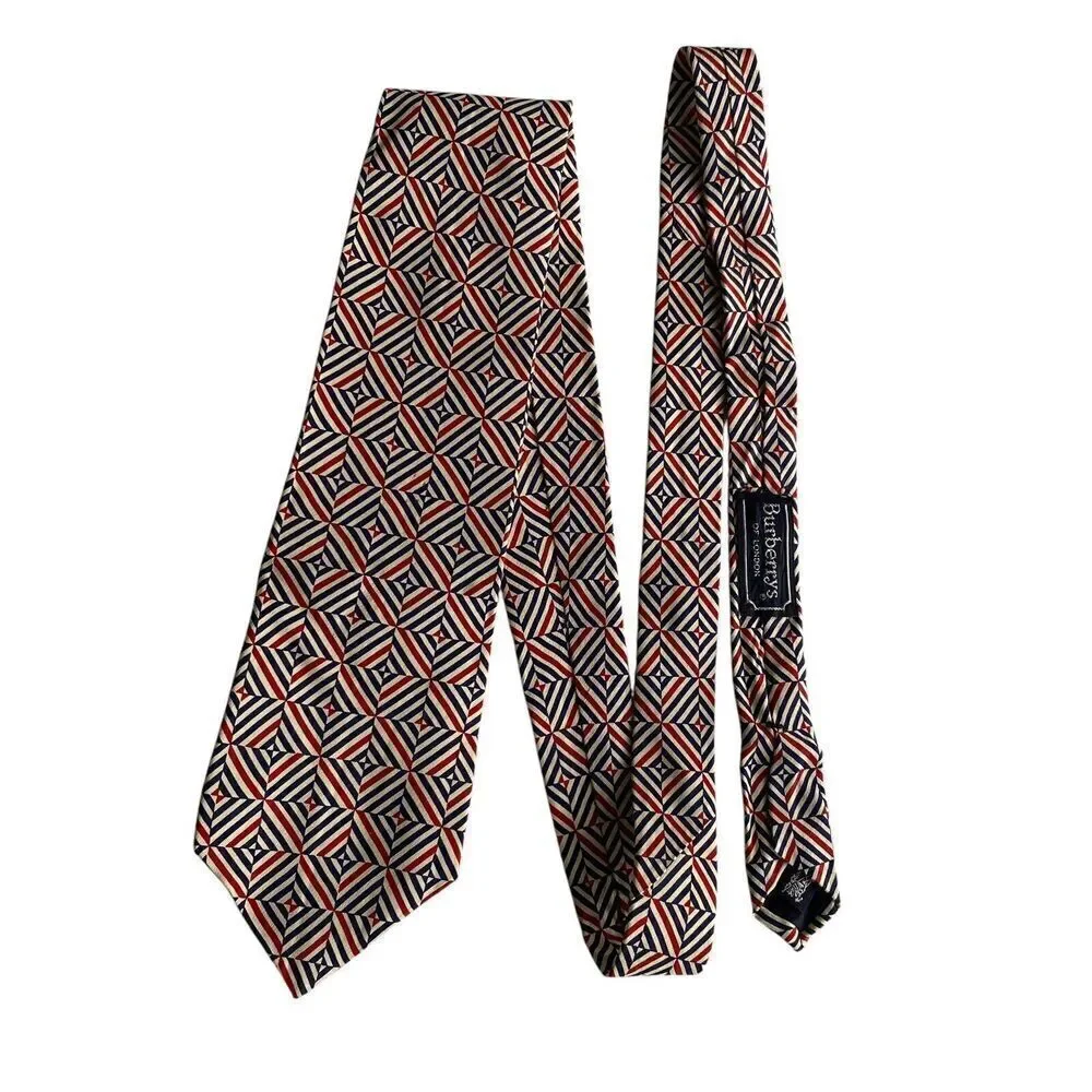Vintage Burberrys of London Men's Tie Necktie Silk Hand Sewn Blue Red Beige